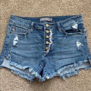 Just USA Button-Front Distressed Denim Shorts in Blue